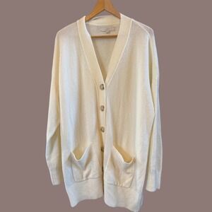 LOFT Women's Ivory L Button Down Longer Cardigan Front Pockets Casual Comfy Soft